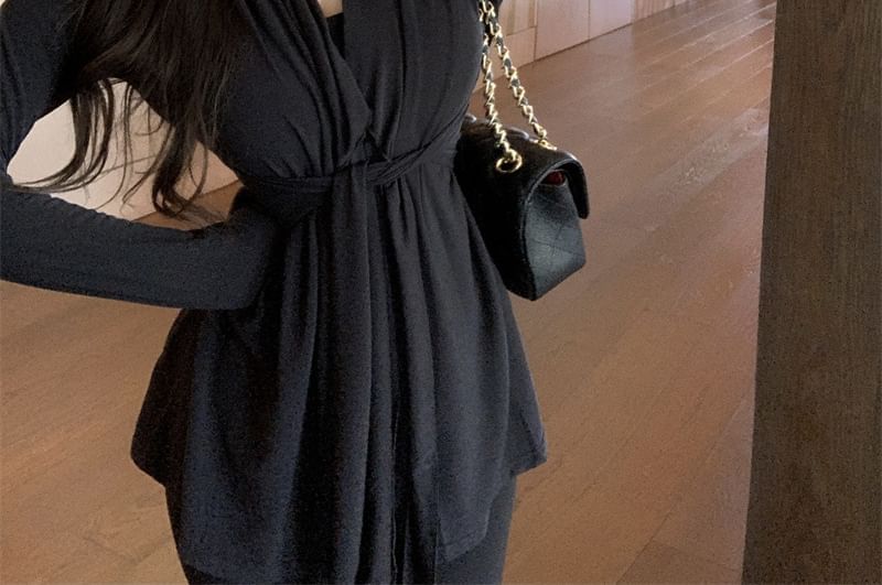 Plain Cardigan Tie Collar Waist Shawl