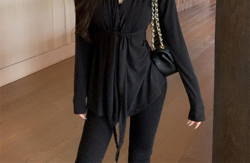 Plain Cardigan Tie Collar Waist Shawl