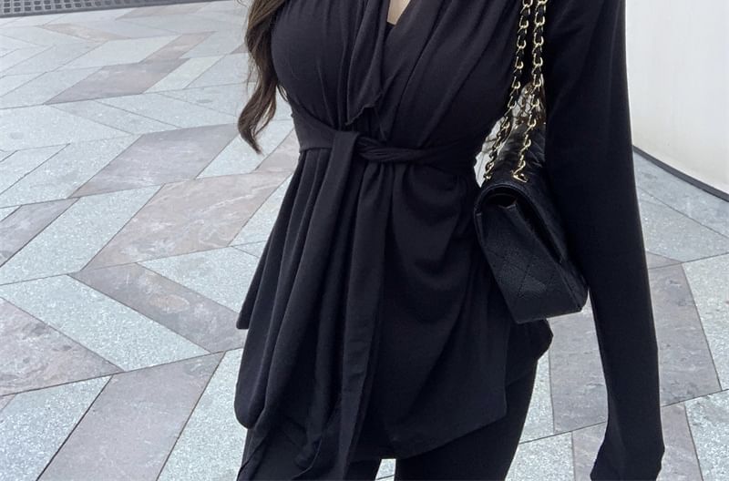 Plain Cardigan Tie Collar Waist Shawl