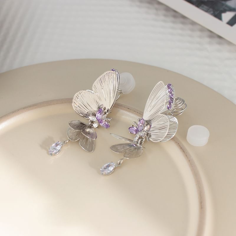 / Butterfly Rhinestone On Drop Clip Earring