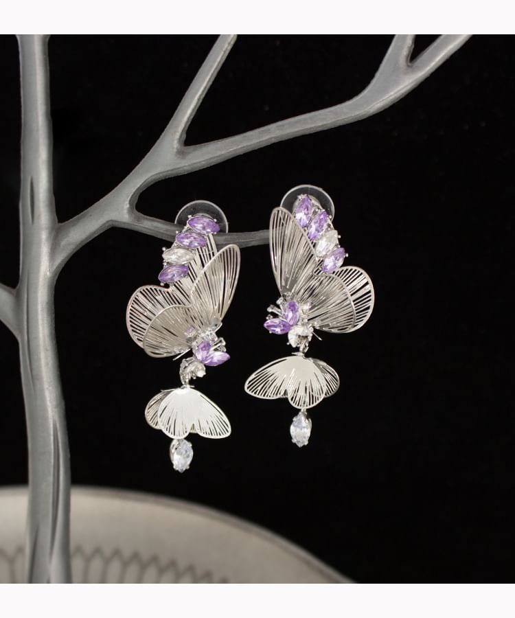 / Butterfly Rhinestone On Drop Clip Earring