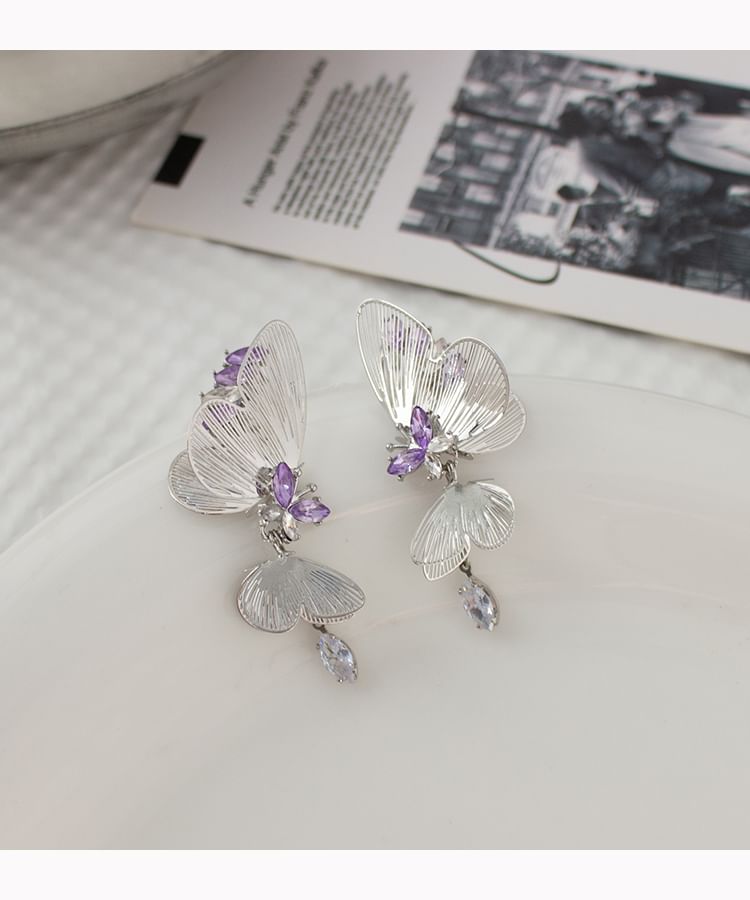 / Butterfly Rhinestone On Drop Clip Earring
