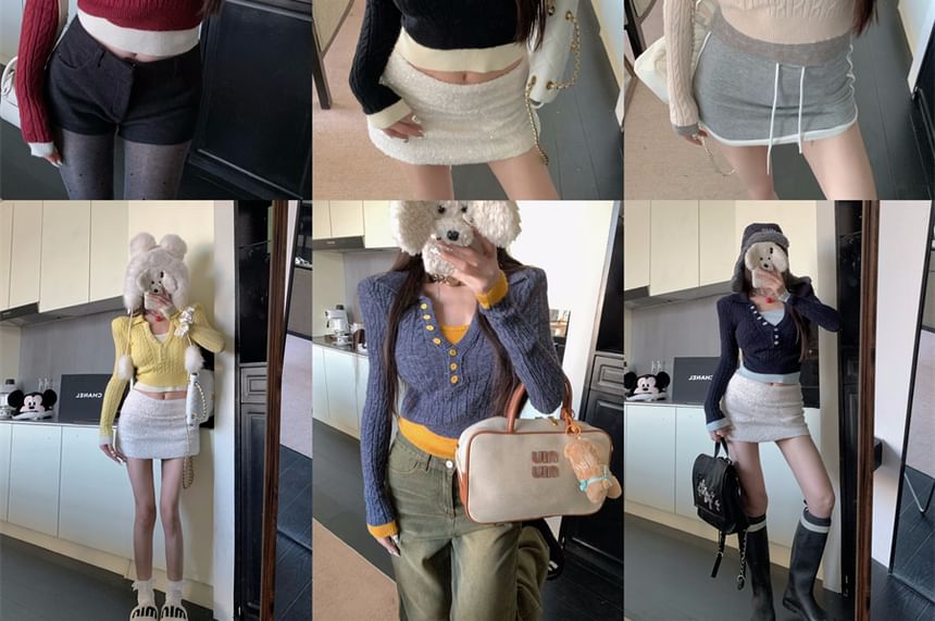 Sweater Tone Two Cropped Mock Two-Piece Collar Cable-Knit