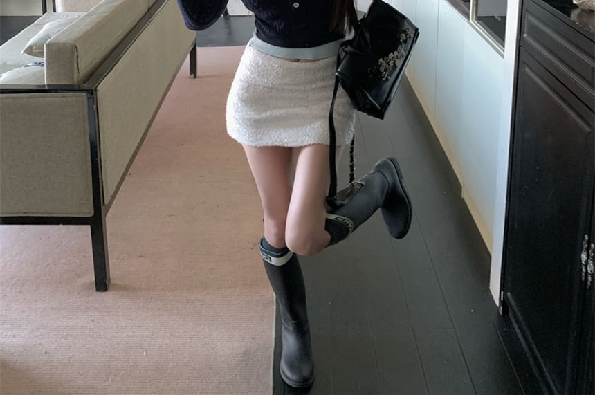 Sweater Tone Two Cropped Mock Two-Piece Collar Cable-Knit