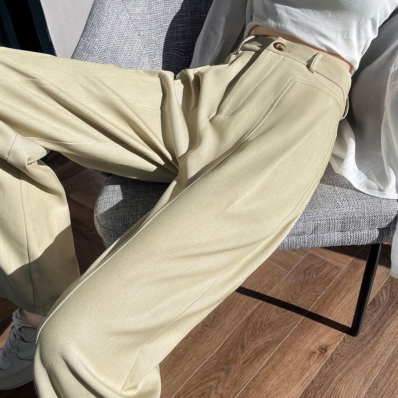 Pants Plain Wide High Dress Waist Leg