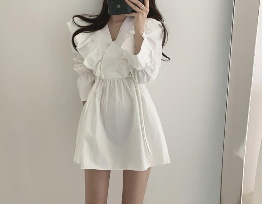 Mini Collared Long-Sleeve A-Line Plain Dress V-Neck