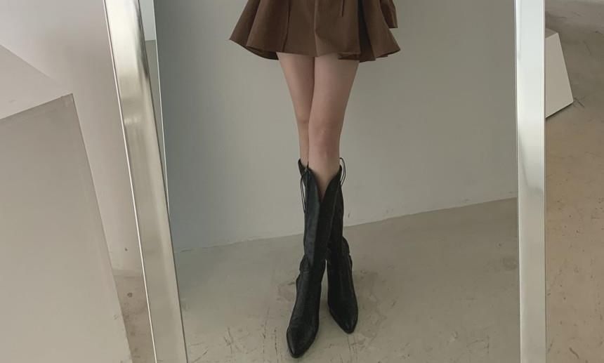 Mini Collared Long-Sleeve A-Line Plain Dress V-Neck