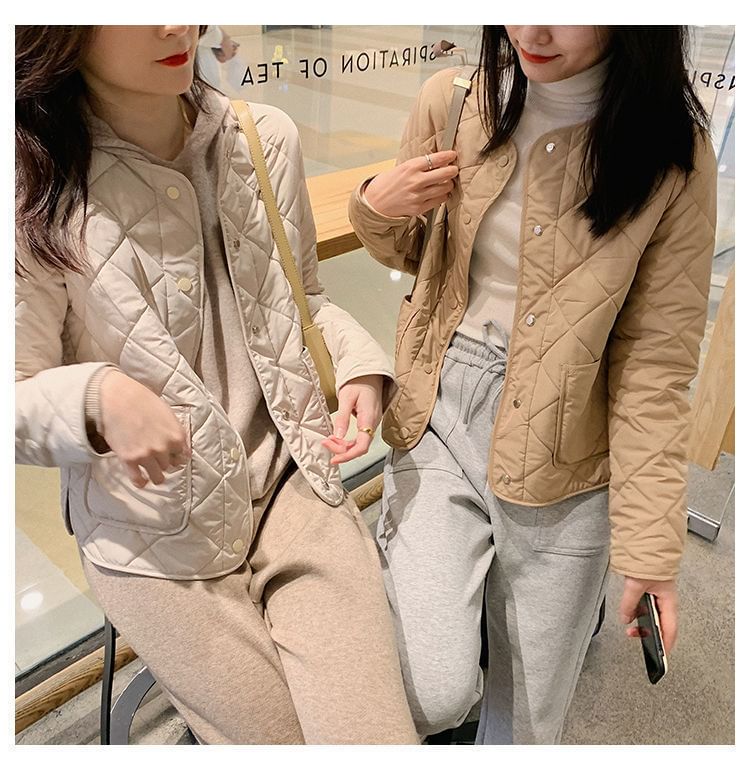 Quilted V-Neck Button-Up Jacket