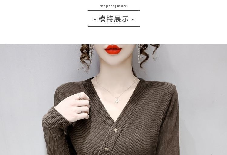 V-Neck Top Plain Crop Long-Sleeve Asymmetrical