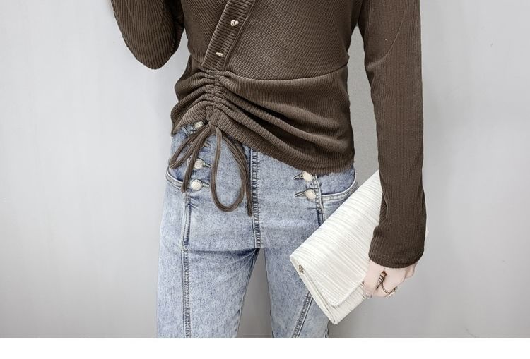 V-Neck Top Plain Crop Long-Sleeve Asymmetrical