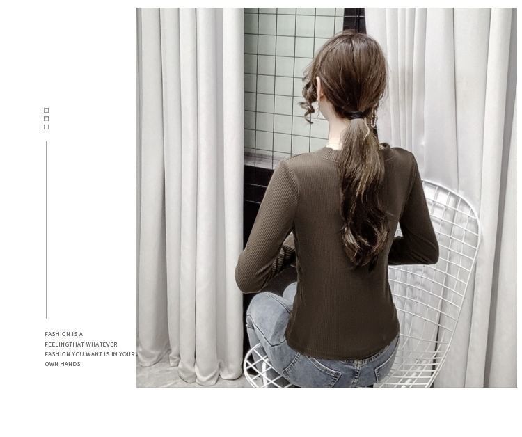 V-Neck Top Plain Crop Long-Sleeve Asymmetrical