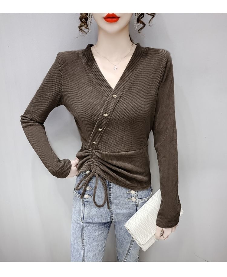 V-Neck Top Plain Crop Long-Sleeve Asymmetrical