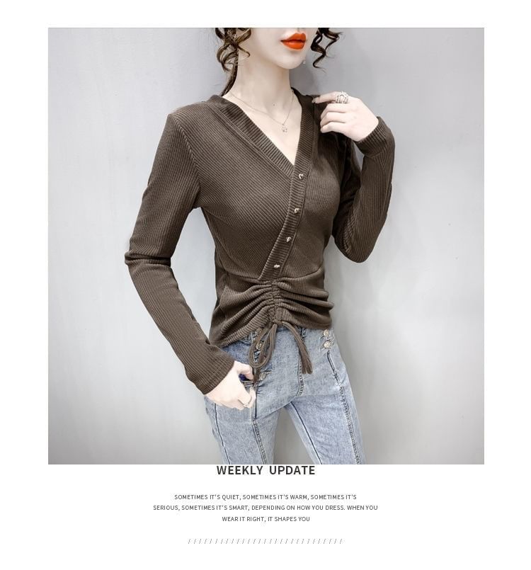 V-Neck Top Plain Crop Long-Sleeve Asymmetrical