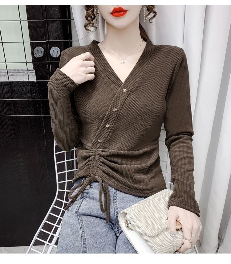 V-Neck Top Plain Crop Long-Sleeve Asymmetrical