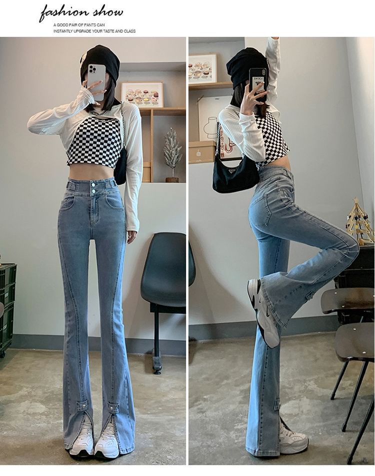 High Slit Hem Waist Jeans Flared