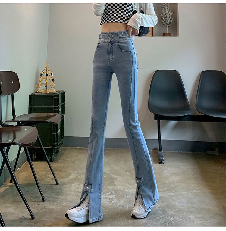 High Slit Hem Waist Jeans Flared