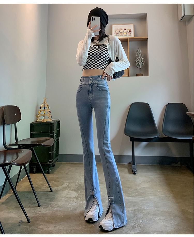 High Slit Hem Waist Jeans Flared