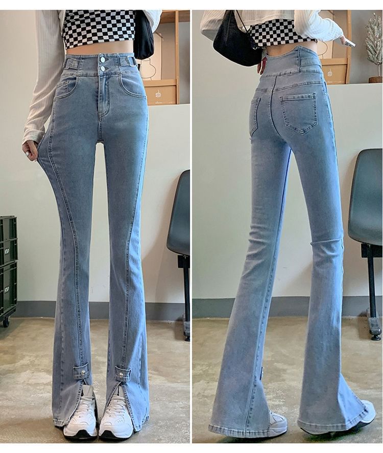 High Slit Hem Waist Jeans Flared