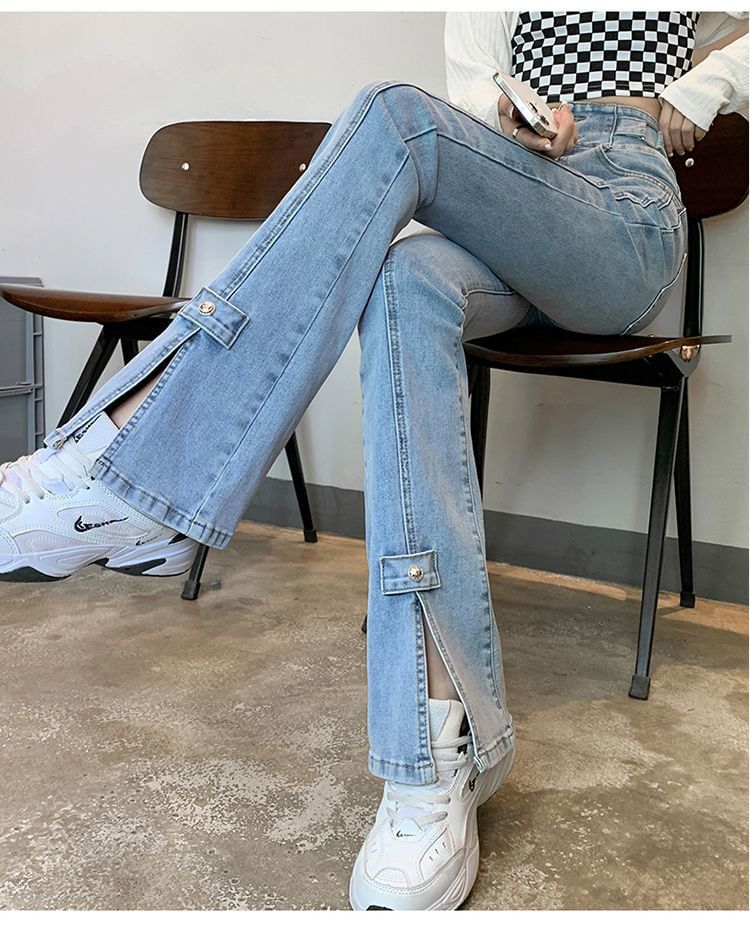 High Slit Hem Waist Jeans Flared