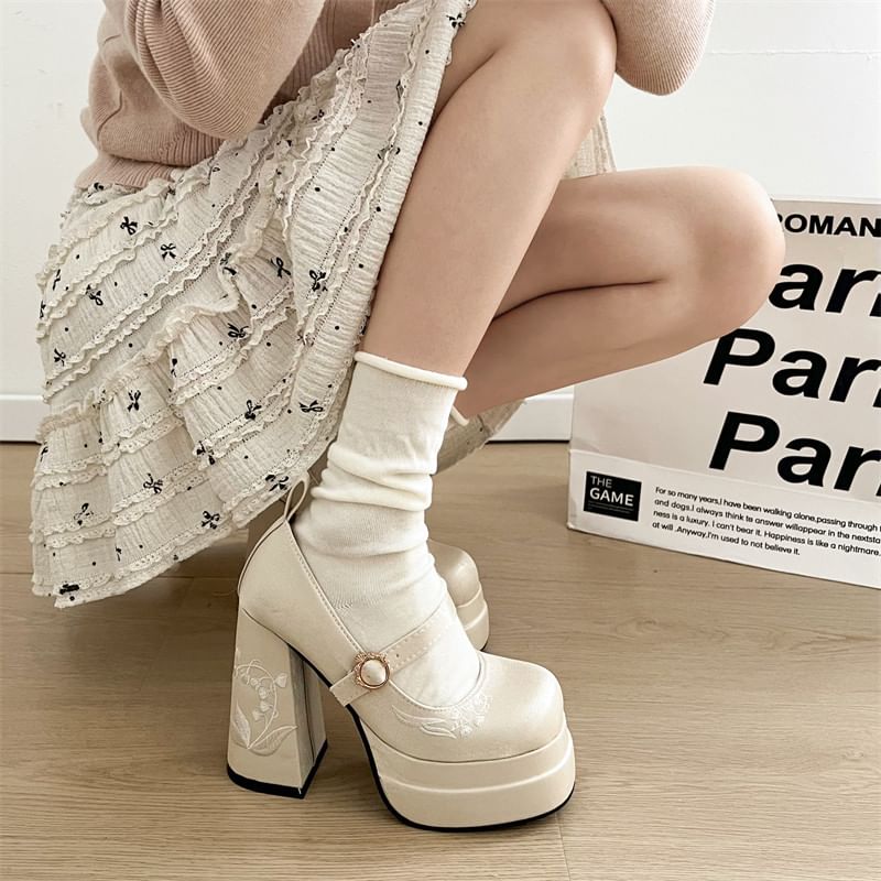 Block Floral Mary Jane Embroidered Pumps Heel Bow Platform