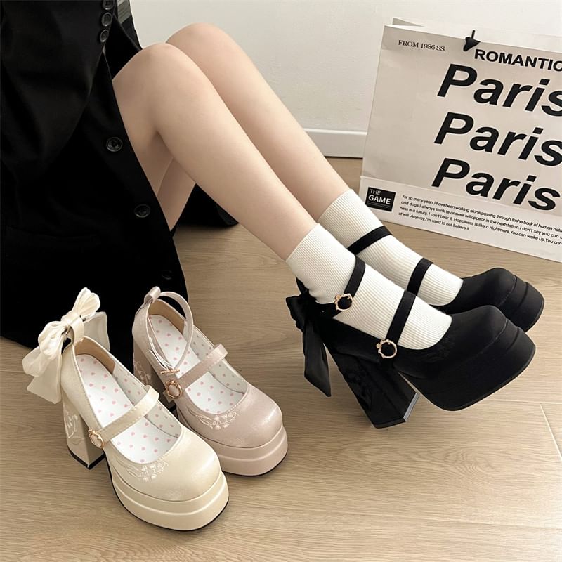 Block Floral Mary Jane Embroidered Pumps Heel Bow Platform