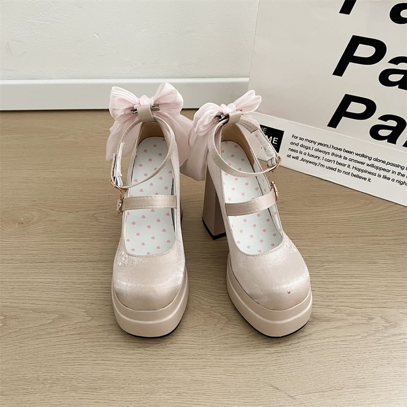 Block Floral Mary Jane Embroidered Pumps Heel Bow Platform