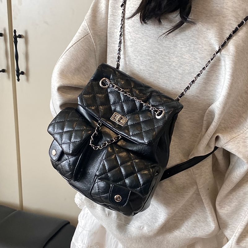 Chain Quilted Strap Faux Backpack Leather