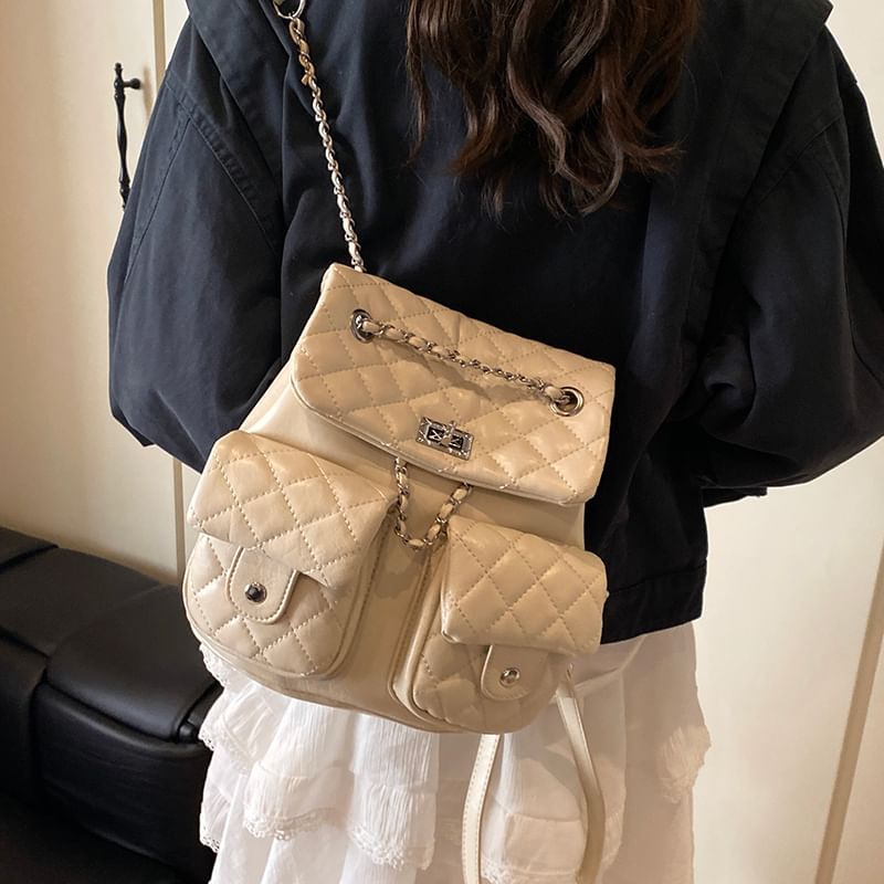 Chain Quilted Strap Faux Backpack Leather