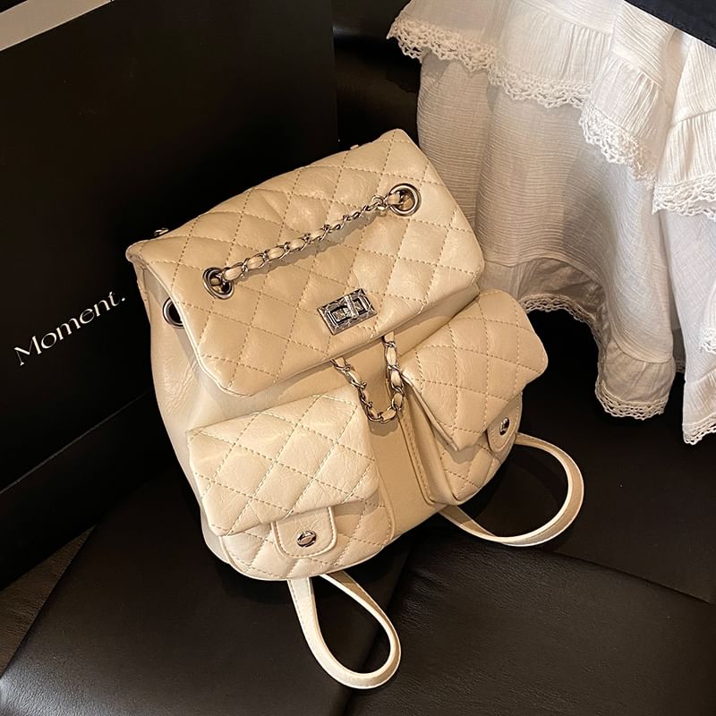 Chain Quilted Strap Faux Backpack Leather