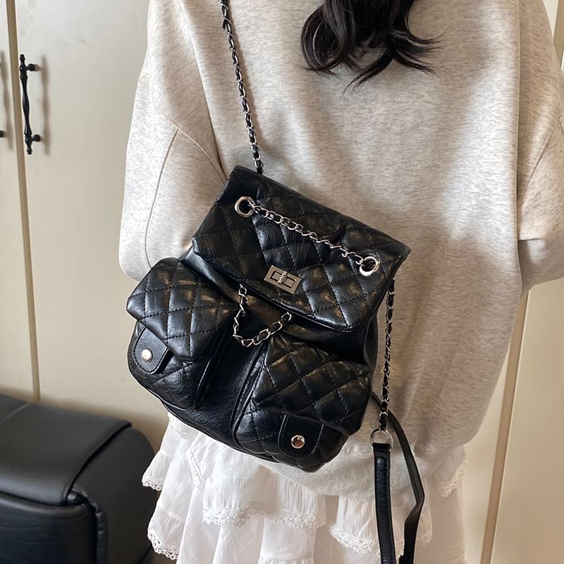 Chain Quilted Strap Faux Backpack Leather