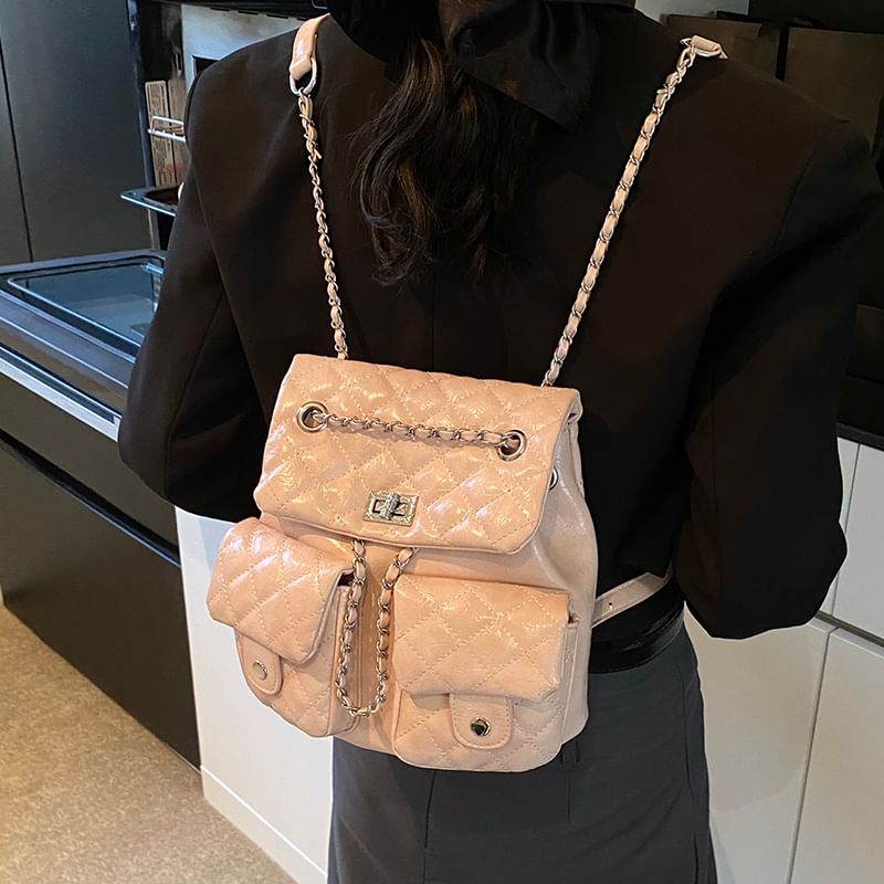 Chain Quilted Strap Faux Backpack Leather