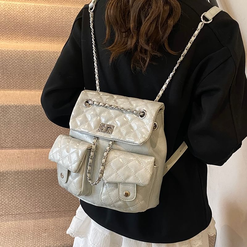 Chain Quilted Strap Faux Backpack Leather