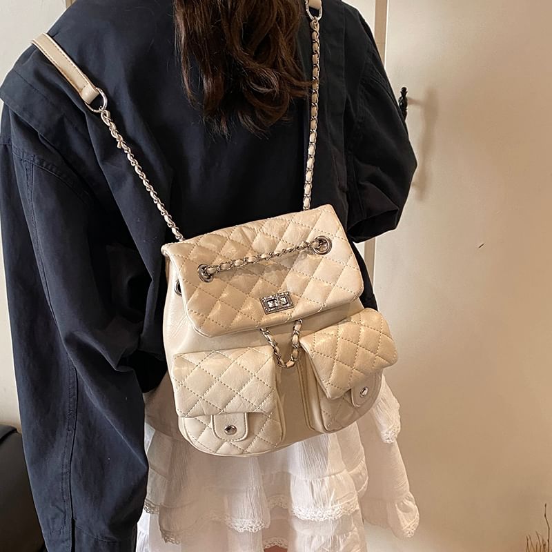 Chain Quilted Strap Faux Backpack Leather