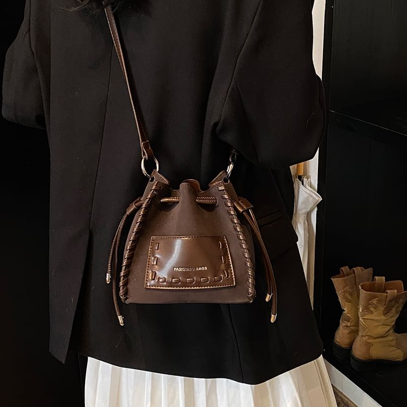 Leather Drawstring Bucket Faux Applique Bag