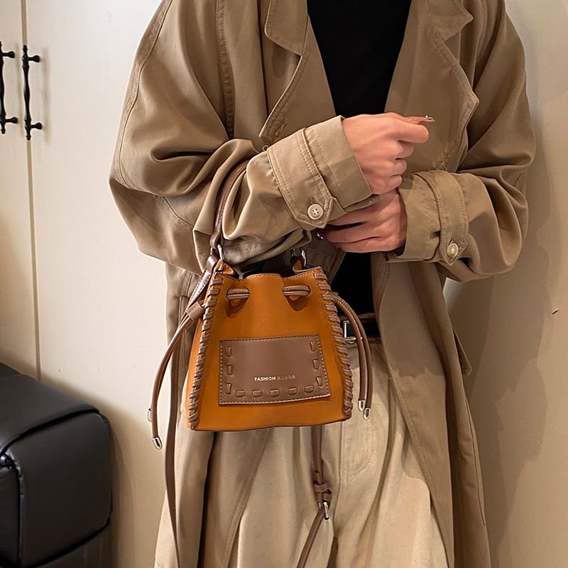 Leather Drawstring Bucket Faux Applique Bag