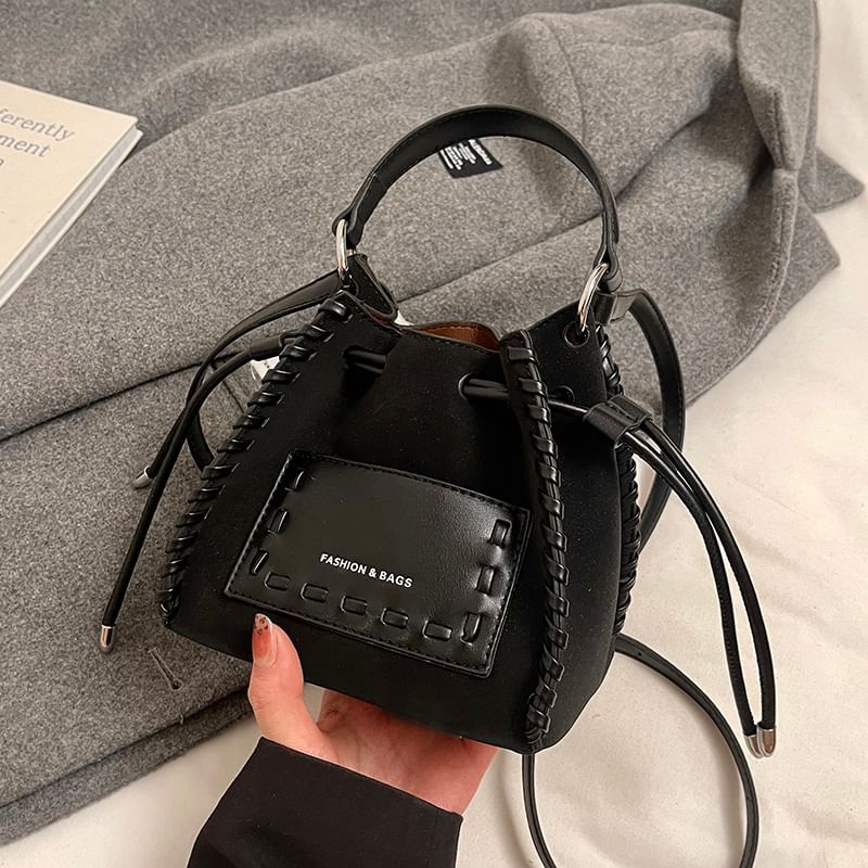 Leather Drawstring Bucket Faux Applique Bag