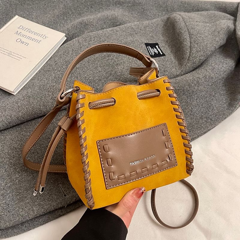 Leather Drawstring Bucket Faux Applique Bag