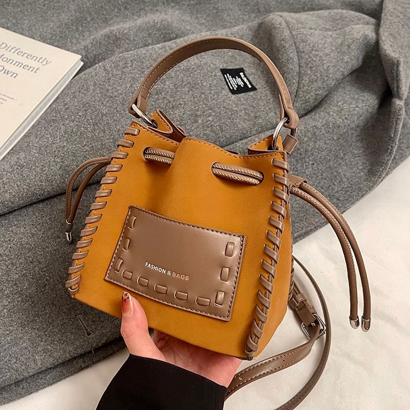 Leather Drawstring Bucket Faux Applique Bag