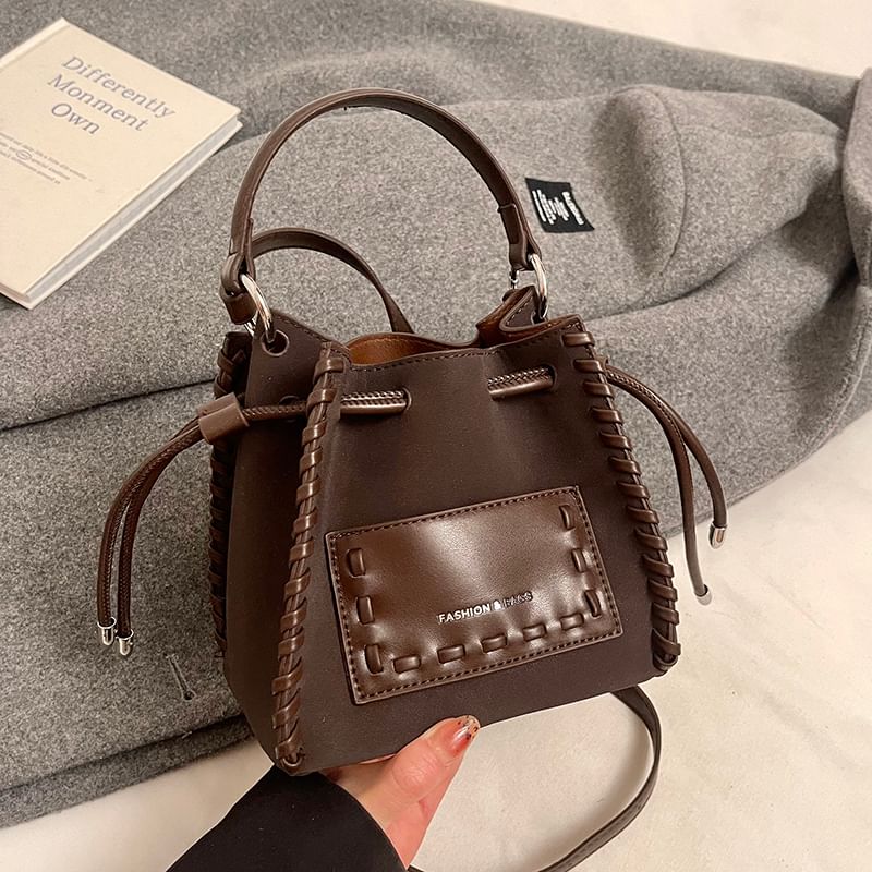 Leather Drawstring Bucket Faux Applique Bag