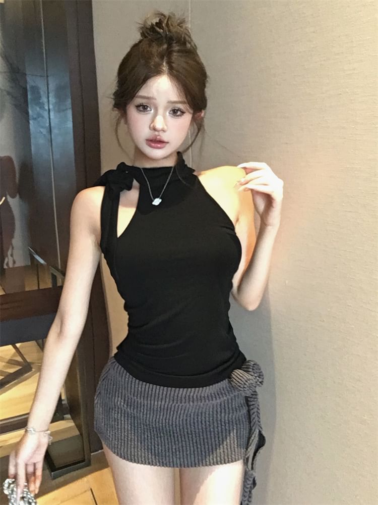 Pencil Low Waist Mock Neck Plain Mini / Detail Top Skirt Flower Halter