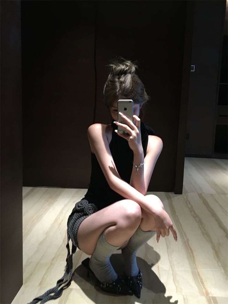 Pencil Low Waist Mock Neck Plain Mini / Detail Top Skirt Flower Halter