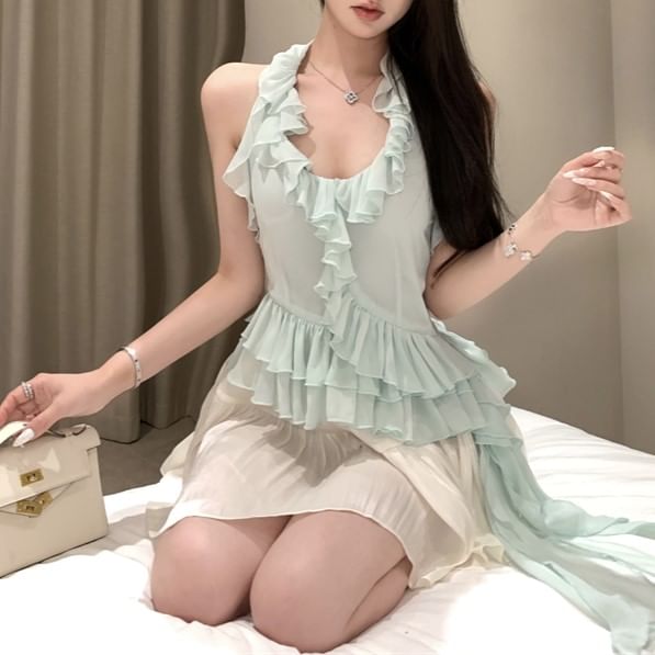 Asymmetrical Halter / A-Line Plain Skirt Ruffle Mini Top High Neck Rise Scoop