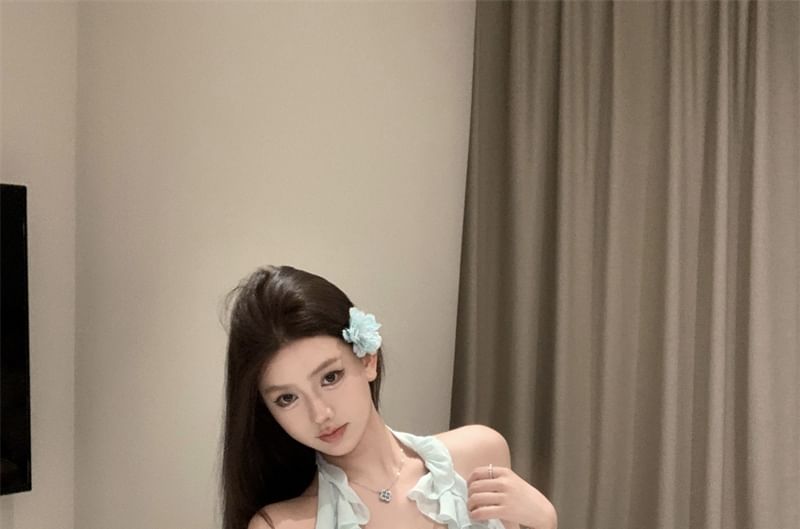 Asymmetrical Halter / A-Line Plain Skirt Ruffle Mini Top High Neck Rise Scoop