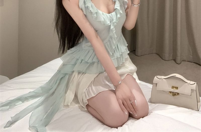 Asymmetrical Halter / A-Line Plain Skirt Ruffle Mini Top High Neck Rise Scoop