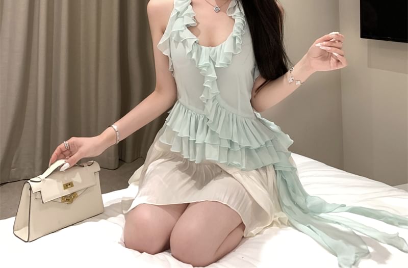 Asymmetrical Halter / A-Line Plain Skirt Ruffle Mini Top High Neck Rise Scoop