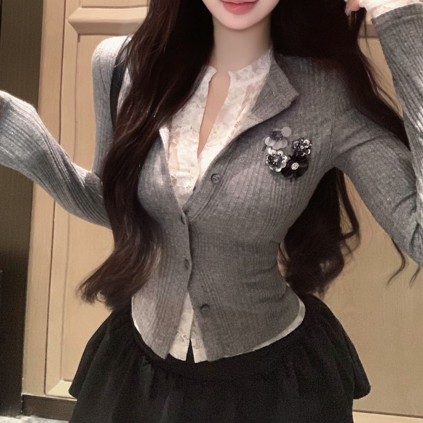 Ribbed Cardigan Lace Mock Trim Plain Two-Piece Fit Slim