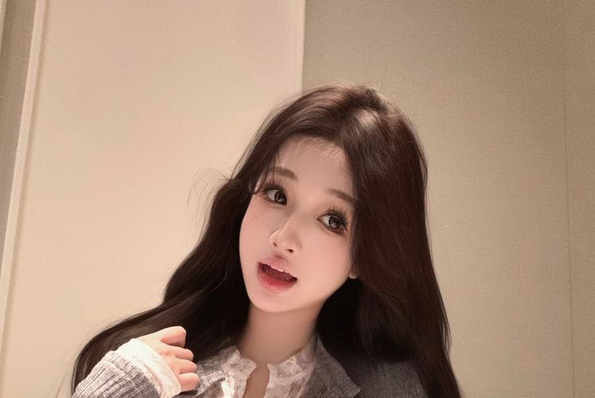 Ribbed Cardigan Lace Mock Trim Plain Two-Piece Fit Slim