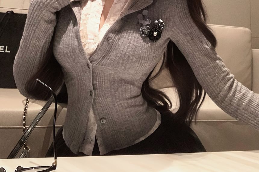 Ribbed Cardigan Lace Mock Trim Plain Two-Piece Fit Slim