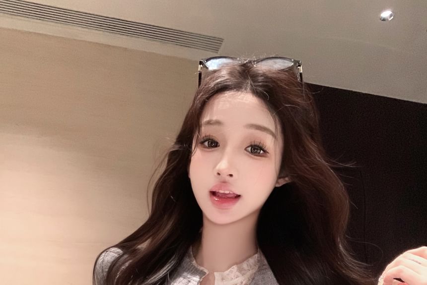 Ribbed Cardigan Lace Mock Trim Plain Two-Piece Fit Slim