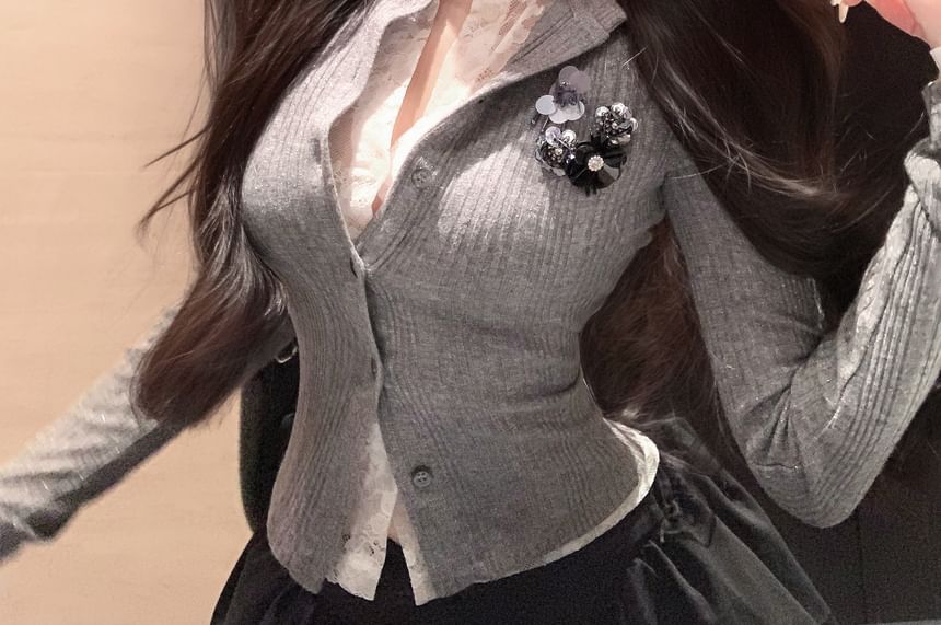 Ribbed Cardigan Lace Mock Trim Plain Two-Piece Fit Slim